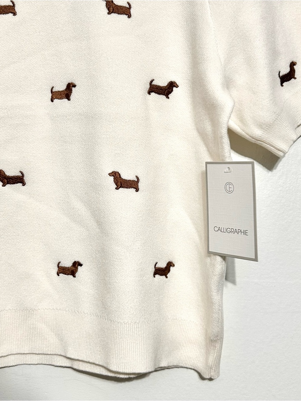 Anthropologie Cream Beige Dog Dachshund Sweater Puff Sleeve preppy old money NWT - Picture 3 of 12